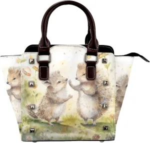Leather Shoulder Bag for Women, Hedgehog Floral Studded Purse Forest Flower Leaves Crossbody Handbags Punk Hobo Bag with Adjustable Strap