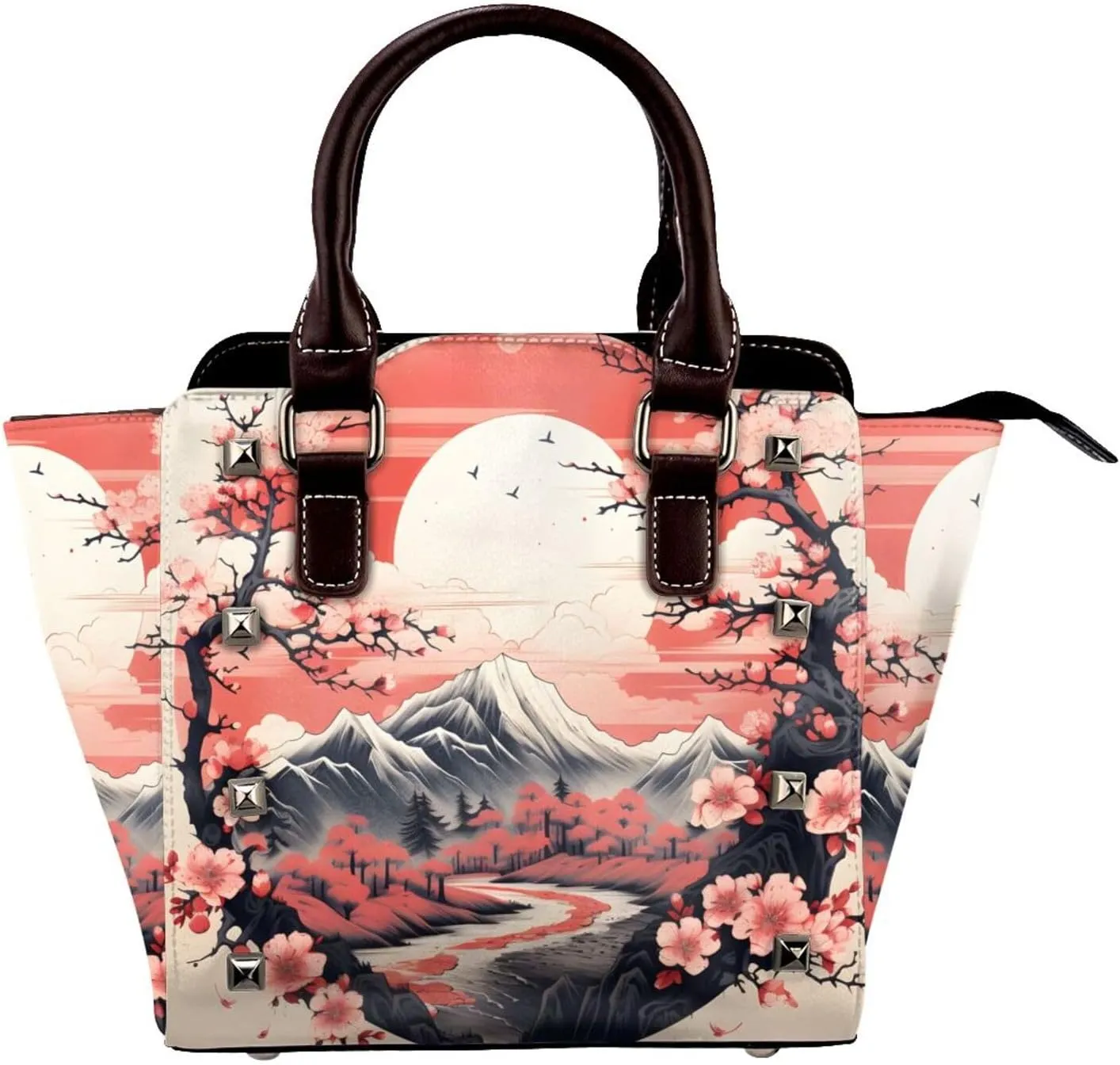 Leather Shoulder Bag for Women, Japanese Fuji Studded Purse Cherry Blossom Crossbody Handbags Punk Hobo Bag with Adjustable Strap