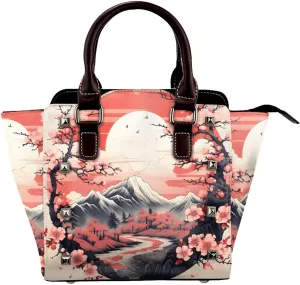 Leather Shoulder Bag for Women, Japanese Fuji Studded Purse Cherry Blossom Crossbody Handbags Punk Hobo Bag with Adjustable Strap