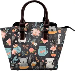 Leather Shoulder Bag for Women, Koala Flower Studded Purse Animal Floral Leaves Crossbody Handbags Punk Hobo Bag with Adjustable Strap