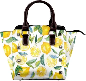 Leather Shoulder Bag for Women, Leaves Lemon Studded Purse Summer Fruit Crossbody Handbags Punk Hobo Bag with Adjustable Strap