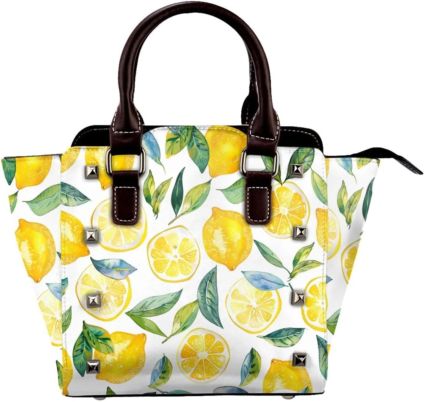 Leather Shoulder Bag for Women, Leaves Lemon Studded Purse Summer Fruit Crossbody Handbags Punk Hobo Bag with Adjustable Strap
