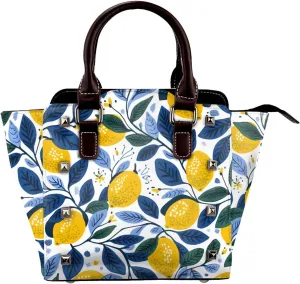 Leather Shoulder Bag for Women, Lemon Leaves Studded Purse Summer Fruit Crossbody Handbags Punk Hobo Bag with Adjustable Strap