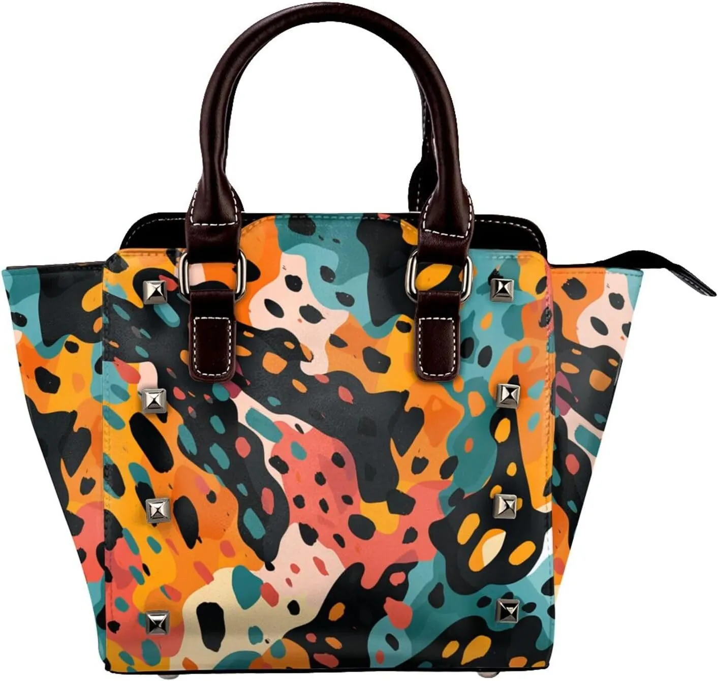Leather Shoulder Bag for Women, Leopard Print Abstract Studded Purse Tiger Print Crossbody Handbags Punk Hobo Bag with Adjustable Strap