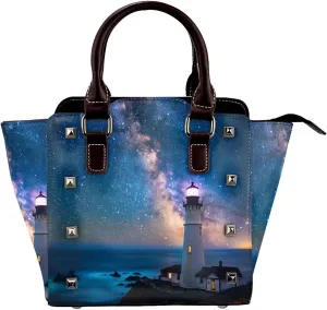 Leather Shoulder Bag for Women, Lighthouse On The Coast Studded Purse Star Night Crossbody Handbags Punk Hobo Bag with Adjustable Strap