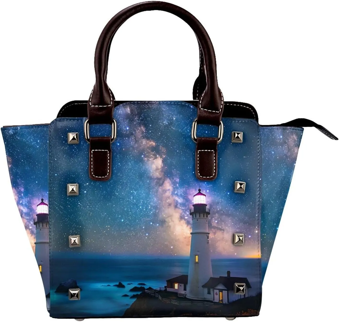 Leather Shoulder Bag for Women, Lighthouse On The Coast Studded Purse Star Night Crossbody Handbags Punk Hobo Bag with Adjustable Strap