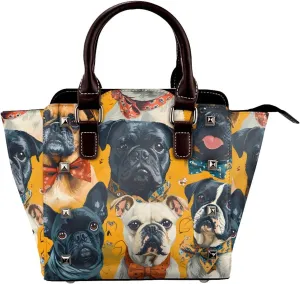 Leather Shoulder Bag for Women, Lovely Bulldog Studded Purse Funny Dog Puppy Crossbody Handbags Punk Hobo Bag with Adjustable Strap