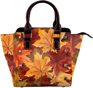 Leather Shoulder Bag for Women, Maple Leaves Studded Purse Colorful Crossbody Handbags Punk Hobo Bag with Adjustable Strap
