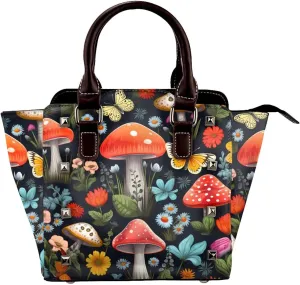 Leather Shoulder Bag for Women, Mushroom Butterfly Studded Purse Colorful Flower Crossbody Handbags Punk Hobo Bag with Adjustable Strap