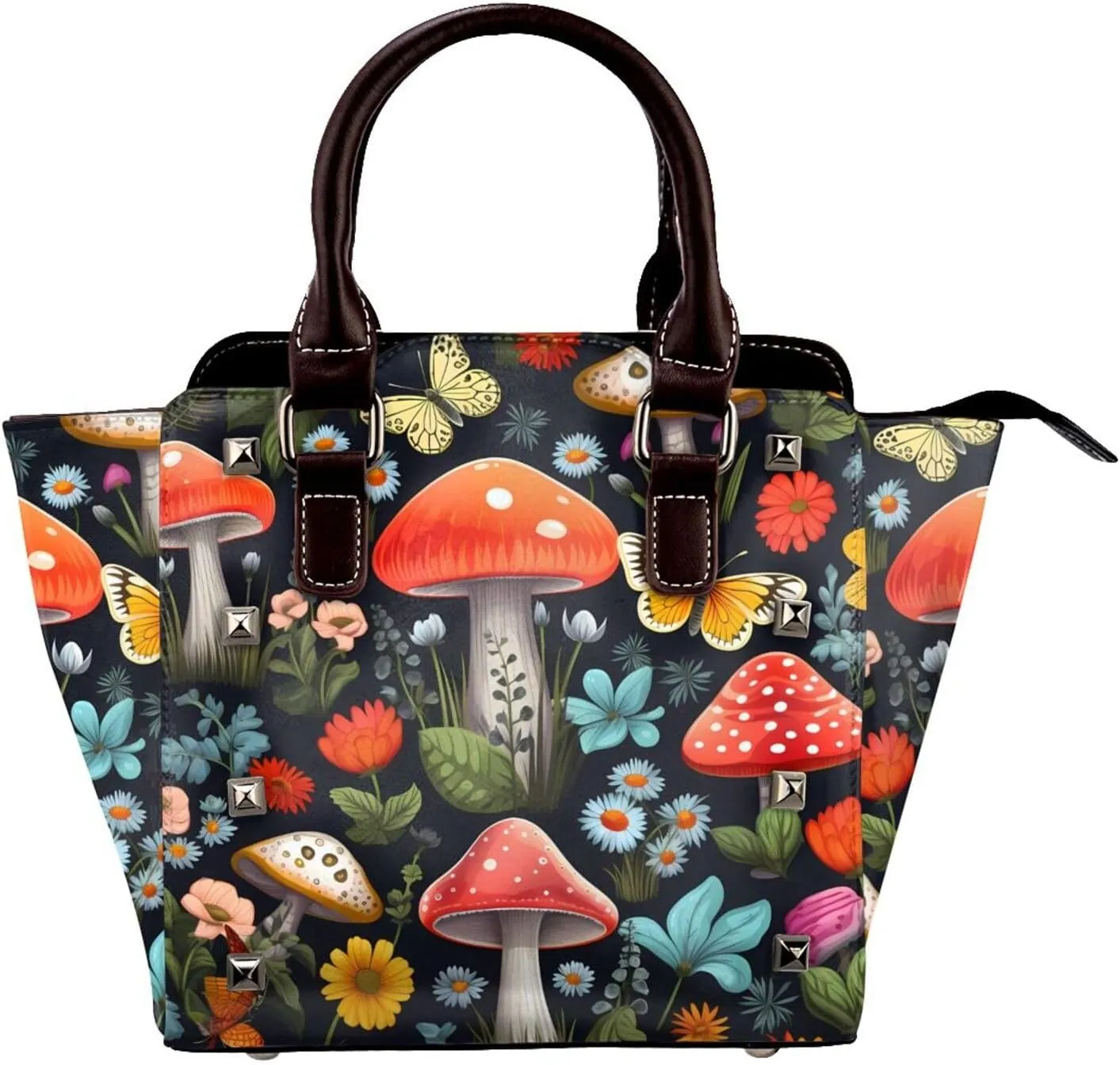 Leather Shoulder Bag for Women, Mushroom Butterfly Studded Purse Colorful Flower Crossbody Handbags Punk Hobo Bag with Adjustable Strap