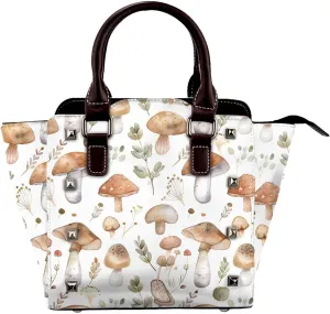 Leather Shoulder Bag for Women, Mushroom Leaves Studded Purse Forest Crossbody Handbags Punk Hobo Bag with Adjustable Strap