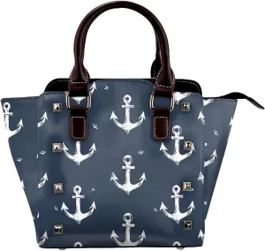 Leather Shoulder Bag for Women, Nautical Anchor Studded Purse Pattern Crossbody Handbags Punk Hobo Bag with Adjustable Strap