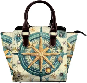 Leather Shoulder Bag for Women, Nautical Compass Studded Purse Sea Starfish Crossbody Handbags Punk Hobo Bag with Adjustable Strap