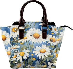 Leather Shoulder Bag for Women, Oil Painting Daisy Studded Purse Spring Flower Floral Crossbody Handbags Punk Hobo Bag with Adjustable Strap