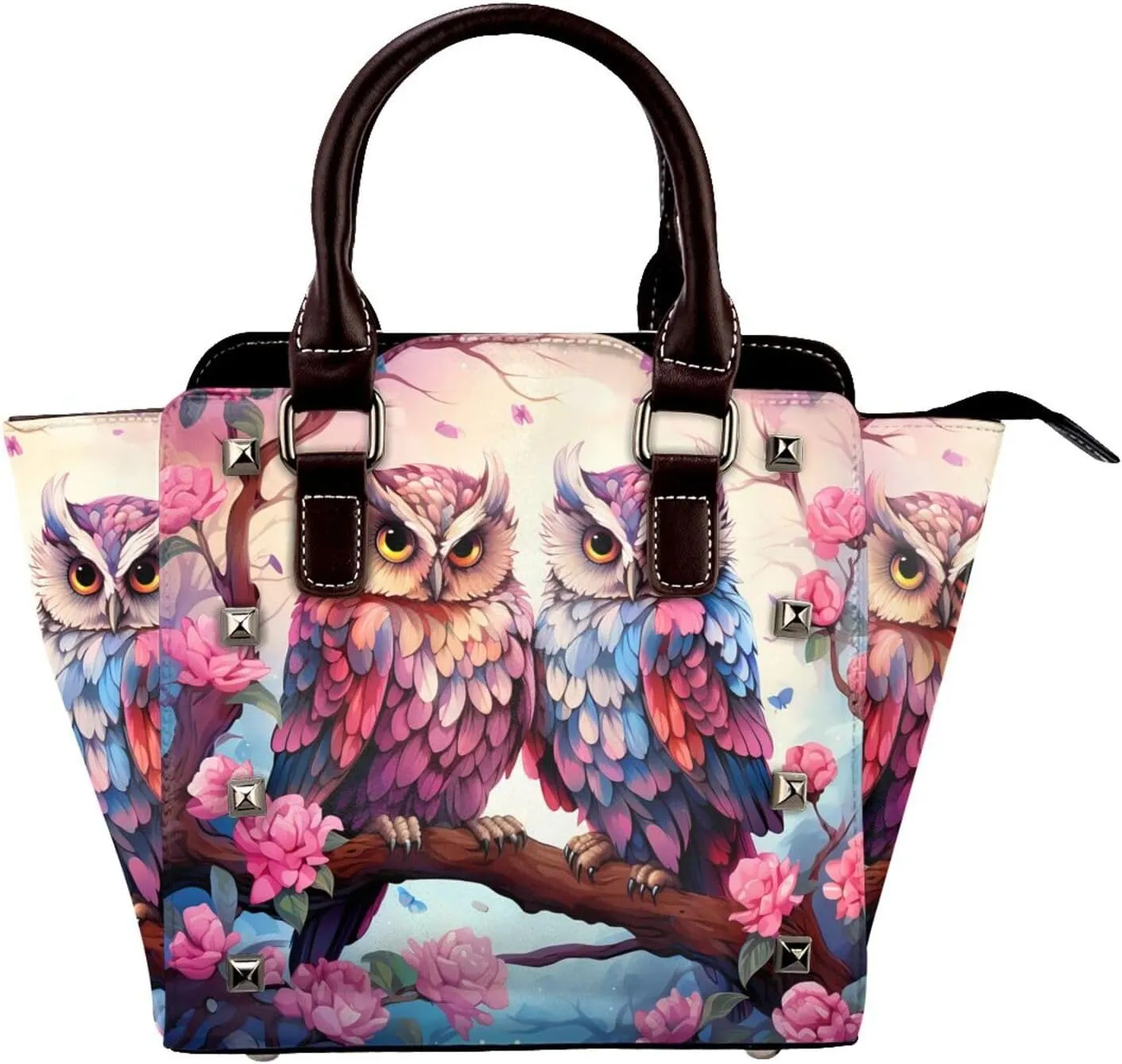 Leather Shoulder Bag for Women, Owl Flower Studded Purse Owl On Branch Crossbody Handbags Punk Hobo Bag with Adjustable Strap
