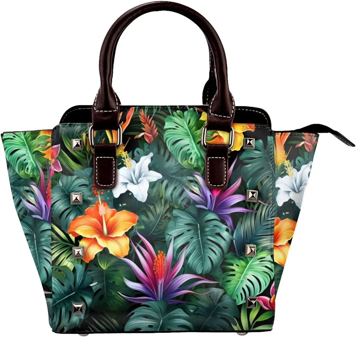 Leather Shoulder Bag for Women, Palm Leaves Flower Studded Purse Jungle Floral Crossbody Handbags Punk Hobo Bag with Adjustable Strap