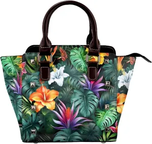 Leather Shoulder Bag for Women, Palm Leaves Flower Studded Purse Jungle Floral Crossbody Handbags Punk Hobo Bag with Adjustable Strap