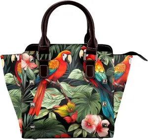 Leather Shoulder Bag for Women, Palm Leaves Parrot Studded Purse Tropical Floral Crossbody Handbags Punk Hobo Bag with Adjustable Strap