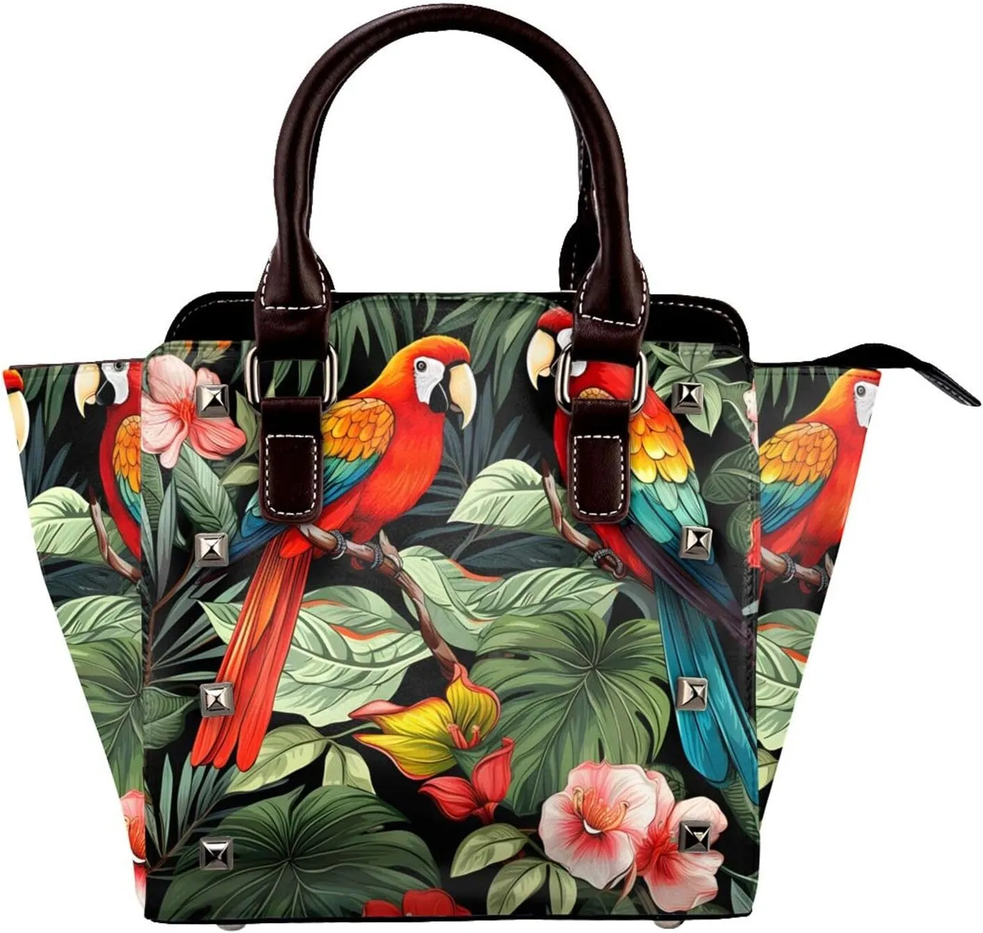 Leather Shoulder Bag for Women, Palm Leaves Parrot Studded Purse Tropical Floral Crossbody Handbags Punk Hobo Bag with Adjustable Strap