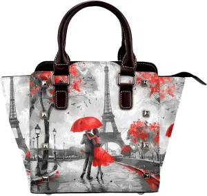Leather Shoulder Bag for Women, Paris Couple Studded Purse Eiffel Tower Crossbody Handbags Punk Hobo Bag with Adjustable Strap