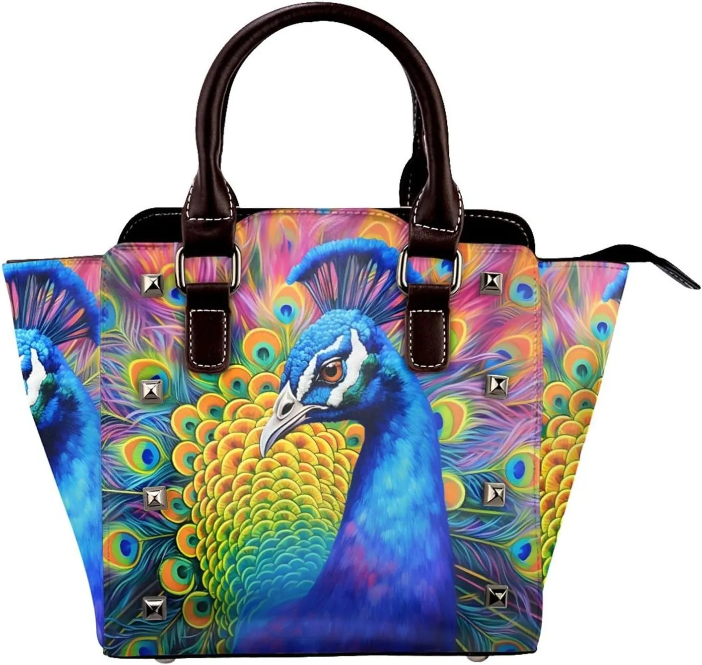 Leather Shoulder Bag for Women, Peacock Tail Studded Purse Feather Boho Crossbody Handbags Punk Hobo Bag with Adjustable Strap