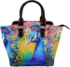Leather Shoulder Bag for Women, Peacock Tail Studded Purse Feather Boho Crossbody Handbags Punk Hobo Bag with Adjustable Strap