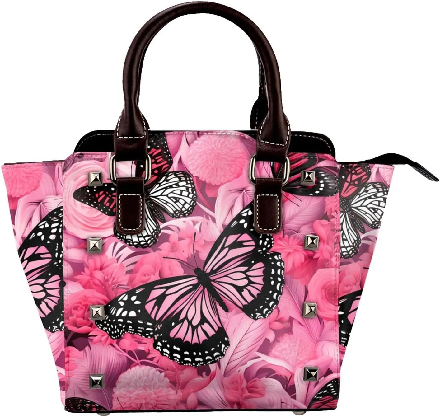 Leather Shoulder Bag for Women, Pink Butterfly Flower Studded Purse Floral Crossbody Handbags Punk Hobo Bag with Adjustable Strap