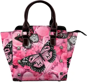 Leather Shoulder Bag for Women, Pink Butterfly Flower Studded Purse Floral Crossbody Handbags Punk Hobo Bag with Adjustable Strap
