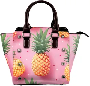 Leather Shoulder Bag for Women, Pink Pineapple Studded Purse Tropical Fruit Crossbody Handbags Punk Hobo Bag with Adjustable Strap