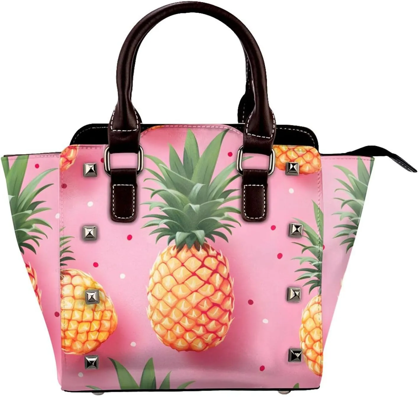 Leather Shoulder Bag for Women, Pink Pineapple Studded Purse Tropical Fruit Crossbody Handbags Punk Hobo Bag with Adjustable Strap