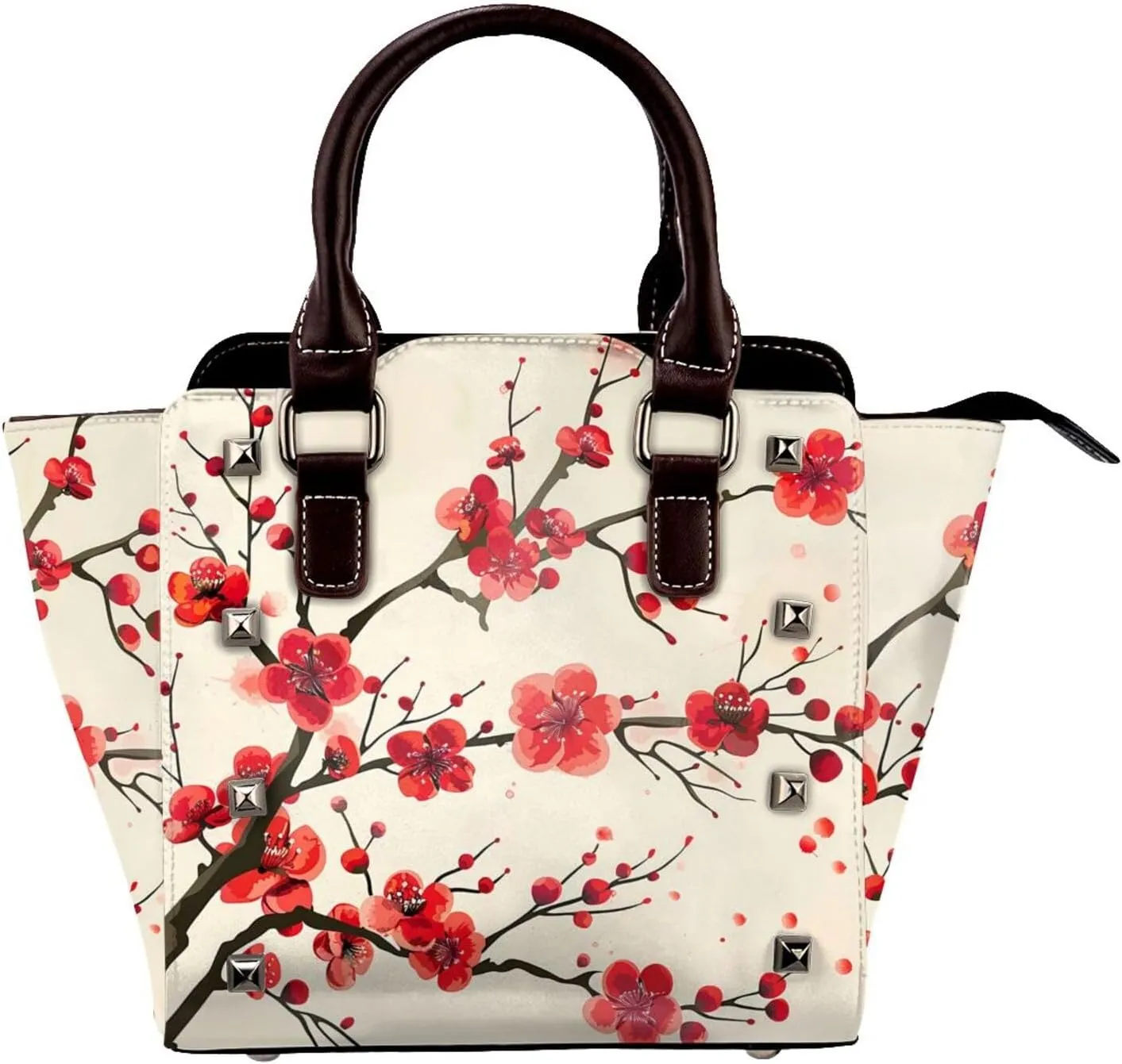 Leather Shoulder Bag for Women, Plum Blossom Studded Purse Vintage Chinese Crossbody Handbags Punk Hobo Bag with Adjustable Strap