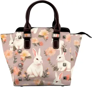 Leather Shoulder Bag for Women, Rabbit Floral Studded Purse Bunny Flower Crossbody Handbags Punk Hobo Bag with Adjustable Strap