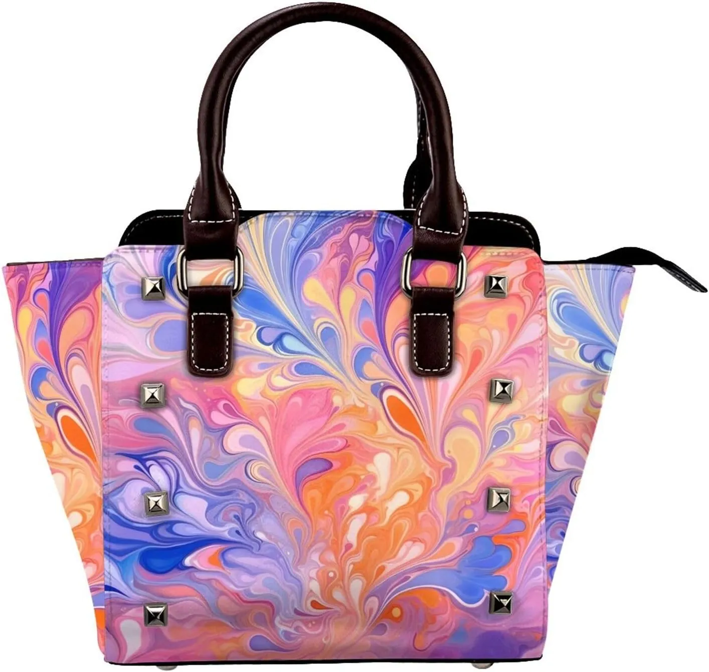 Leather Shoulder Bag for Women, Rainbow Marble Studded Purse Feather Boho Crossbody Handbags Punk Hobo Bag with Adjustable Strap