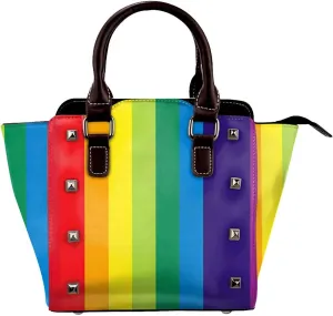 Leather Shoulder Bag for Women, Rainbow Stripe Studded Purse Colorful Crossbody Handbags Punk Hobo Bag with Adjustable Strap