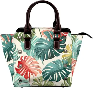 Leather Shoulder Bag for Women, Red Green Palm Leaves Studded Purse Tropical Jungle Crossbody Handbags Punk Hobo Bag with Adjustable Strap