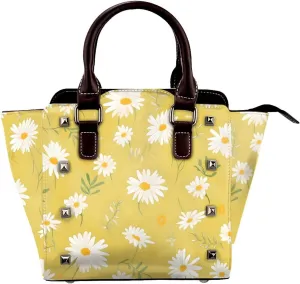 Leather Shoulder Bag for Women, Retro Floral Daisy Studded Purse Boho Flower Crossbody Handbags Punk Hobo Bag with Adjustable Strap