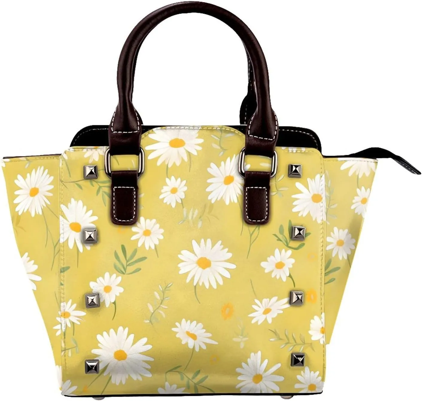 Leather Shoulder Bag for Women, Retro Floral Daisy Studded Purse Boho Flower Crossbody Handbags Punk Hobo Bag with Adjustable Strap