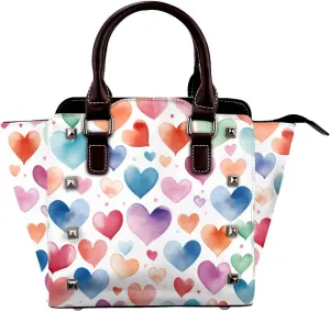 Leather Shoulder Bag for Women, Romantic Heart Studded Purse Colorful Love Crossbody Handbags Punk Hobo Bag with Adjustable Strap