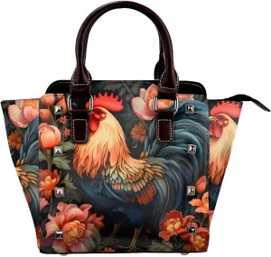 Leather Shoulder Bag for Women, Rooster Studded Purse Animal Cockerel Crossbody Handbags Punk Hobo Bag with Adjustable Strap