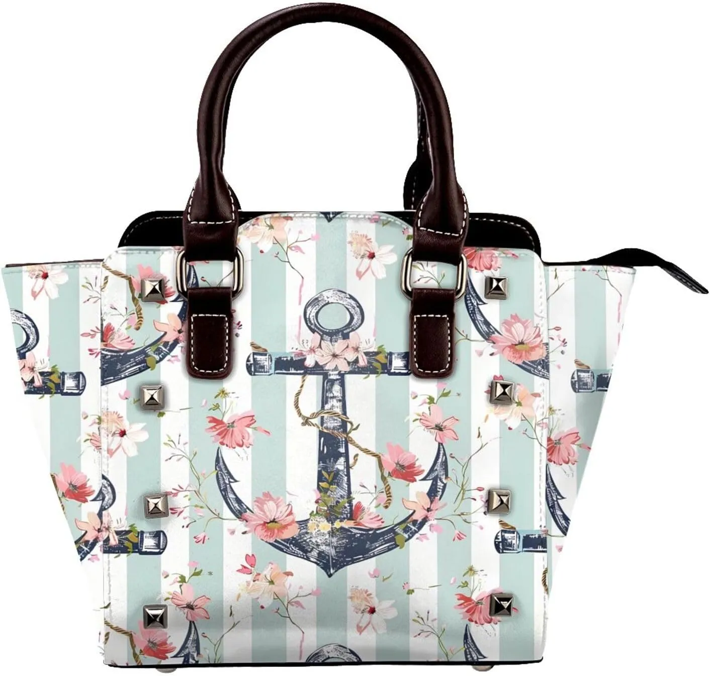Leather Shoulder Bag for Women, Sea Anchor Flower Studded Purse Ocean Flower Crossbody Handbags Punk Hobo Bag with Adjustable Strap
