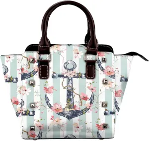 Leather Shoulder Bag for Women, Sea Anchor Flower Studded Purse Ocean Flower Crossbody Handbags Punk Hobo Bag with Adjustable Strap