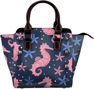 Leather Shoulder Bag for Women, Sea Horse Studded Purse Hippocampus Crossbody Handbags Punk Hobo Bag with Adjustable Strap