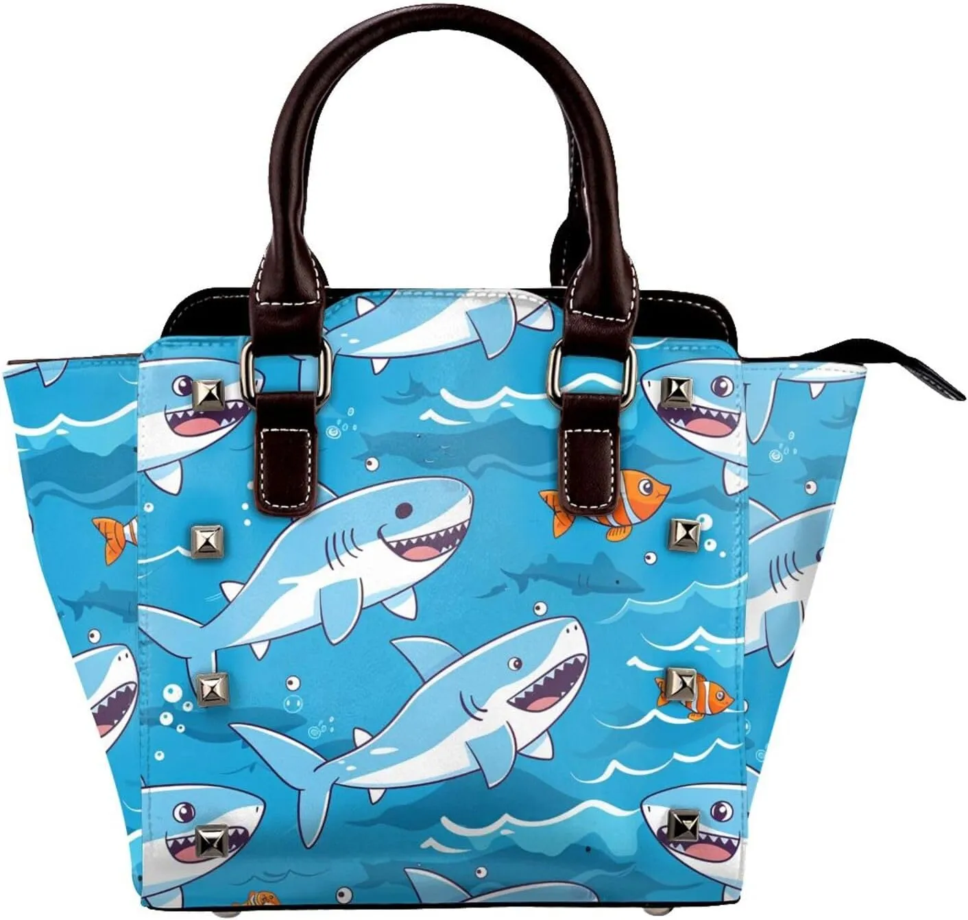 Leather Shoulder Bag for Women, Sea Shark Studded Purse Ocean Fish Crossbody Handbags Punk Hobo Bag with Adjustable Strap