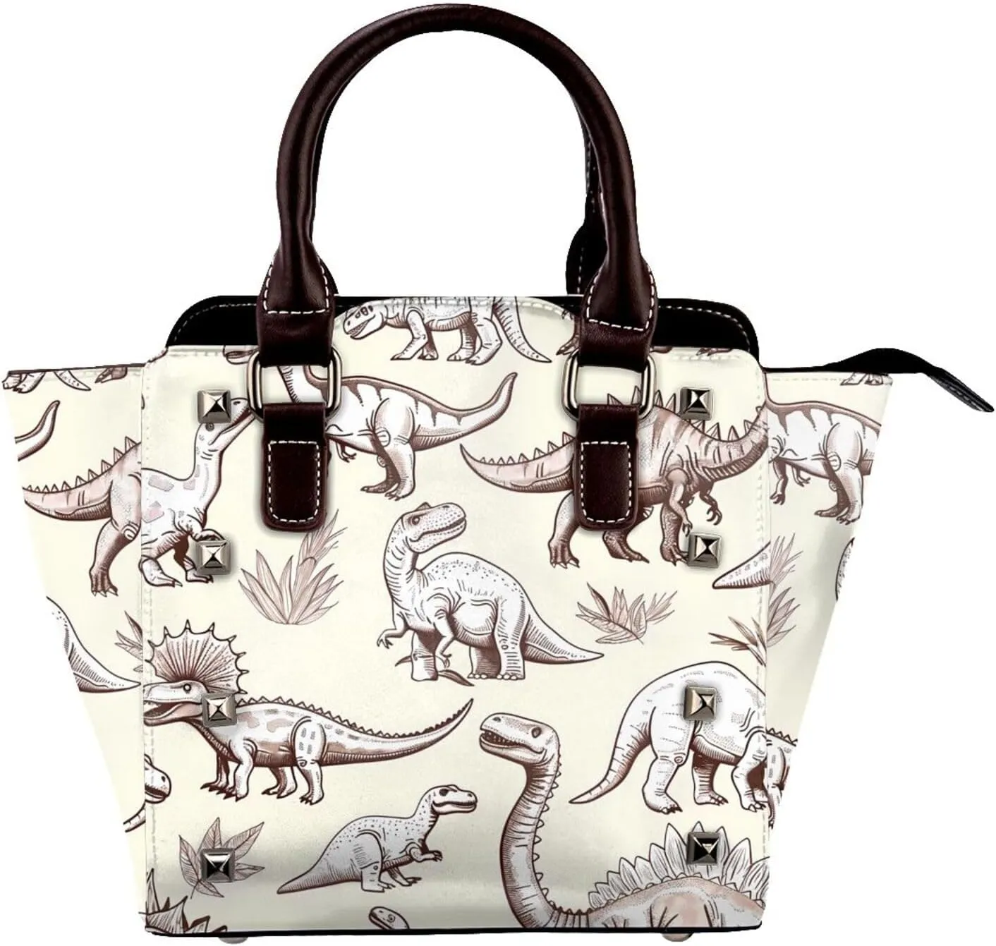 Leather Shoulder Bag for Women, Sketch Dinosaur Studded Purse Cute Animal Crossbody Handbags Punk Hobo Bag with Adjustable Strap
