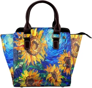 Leather Shoulder Bag for Women, Sky Sunflower Studded Purse Starry Night Crossbody Handbags Punk Hobo Bag with Adjustable Strap