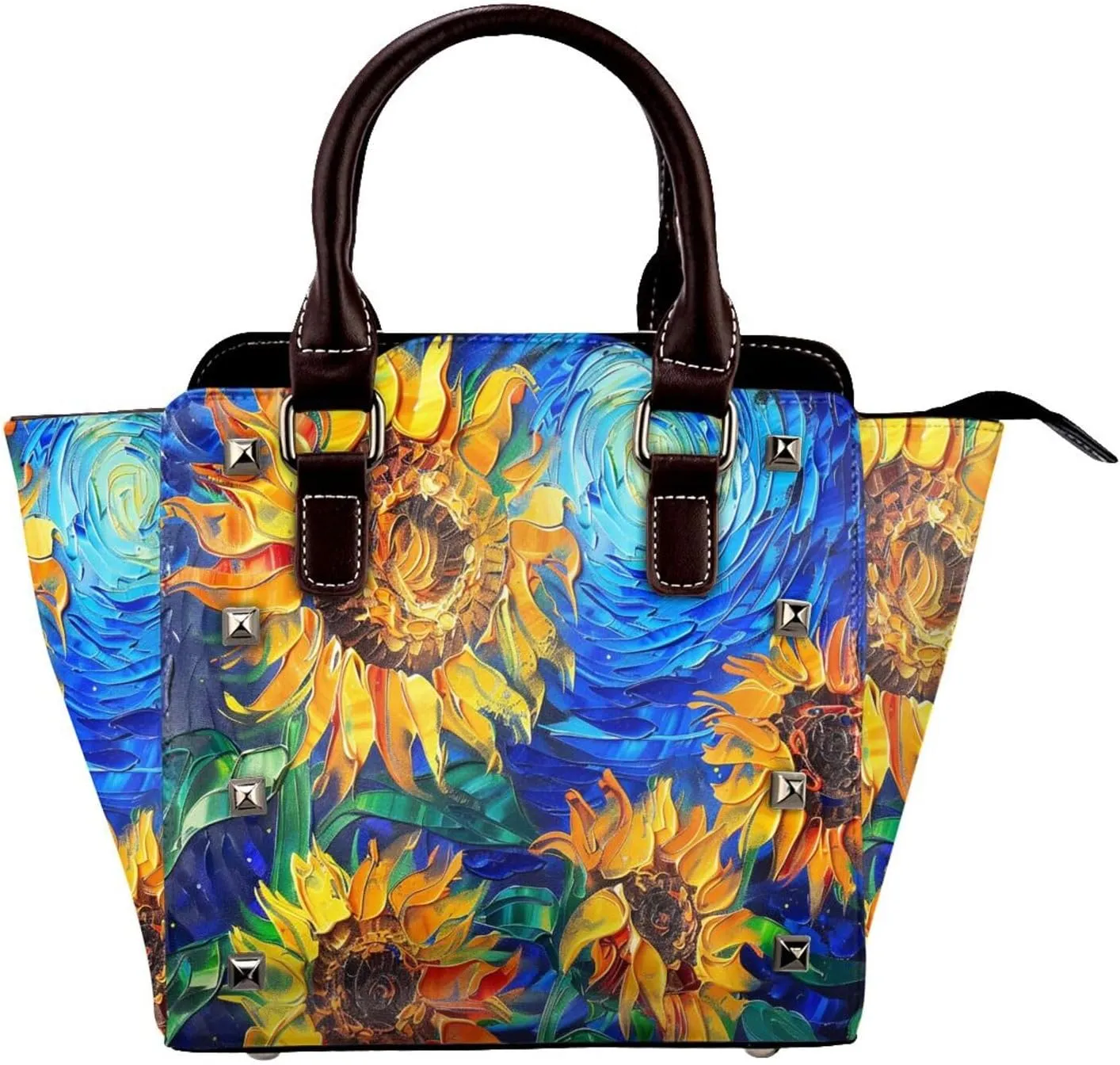 Leather Shoulder Bag for Women, Sky Sunflower Studded Purse Starry Night Crossbody Handbags Punk Hobo Bag with Adjustable Strap