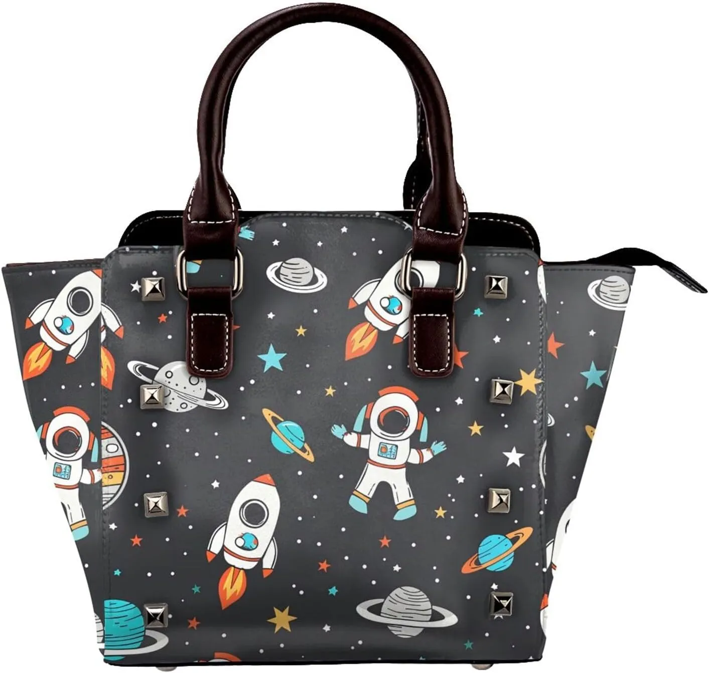 Leather Shoulder Bag for Women, Space Astronaut Star Studded Purse Galaxy Planet Crossbody Handbags Punk Hobo Bag with Adjustable Strap