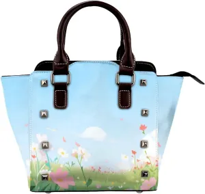 Leather Shoulder Bag for Women, Spring Flower Sky Studded Purse Rustic Floral Crossbody Handbags Punk Hobo Bag with Adjustable Strap