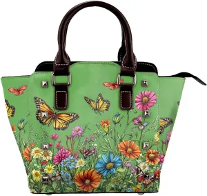 Leather Shoulder Bag for Women, Spring Flowers Studded Purse Butterfly Crossbody Handbags Punk Hobo Bag with Adjustable Strap
