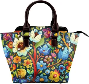 Leather Shoulder Bag for Women, Spring Wild Flower Studded Purse Colorful Floral Crossbody Handbags Punk Hobo Bag with Adjustable Strap